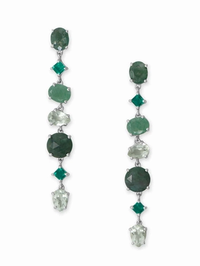 Evening Piece Beach Adornment Green Moss Agate, Prehnite, Prasiolite, and Glass Drop Earrings Rhodium on Sterling Silver