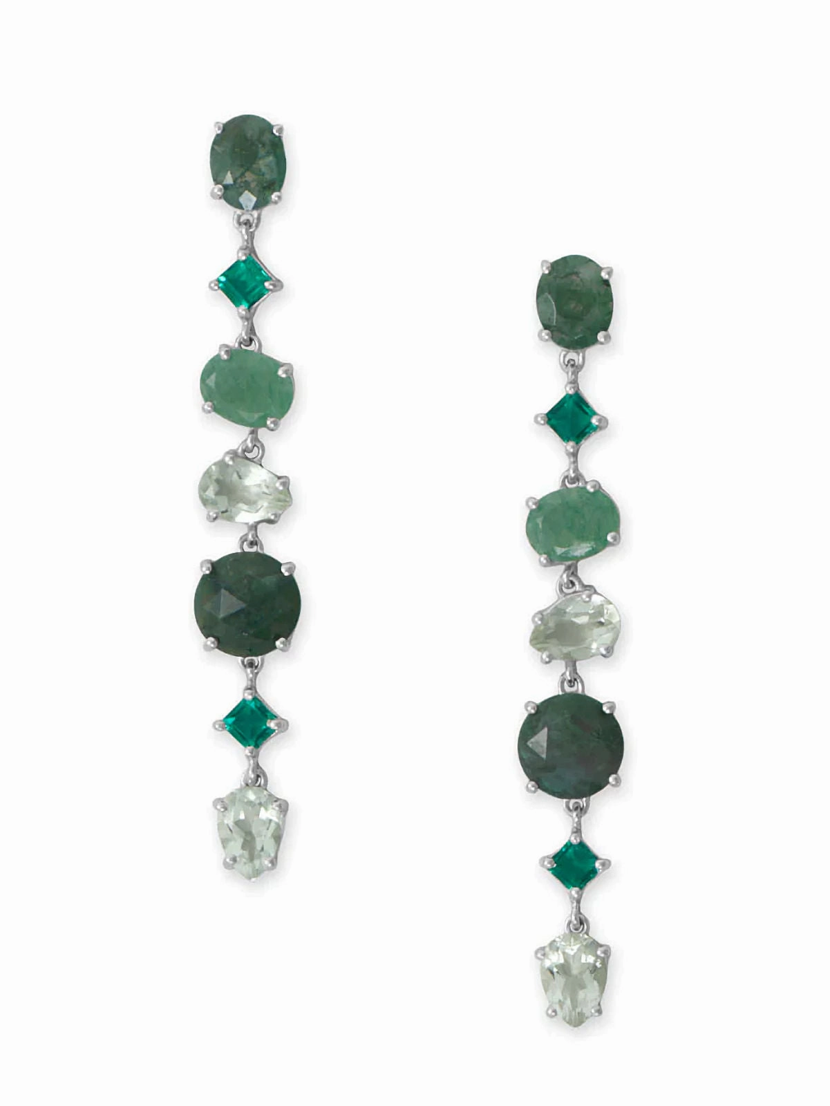 Evening Piece Beach Adornment Green Moss Agate, Prehnite, Prasiolite, and Glass Drop Earrings Rhodium on Sterling Silver