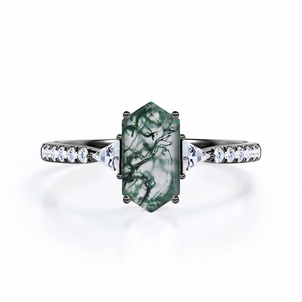 Trilogy 1.15 Ct Hexagon Cut Moss Agate Engagement Ring Holiday Party