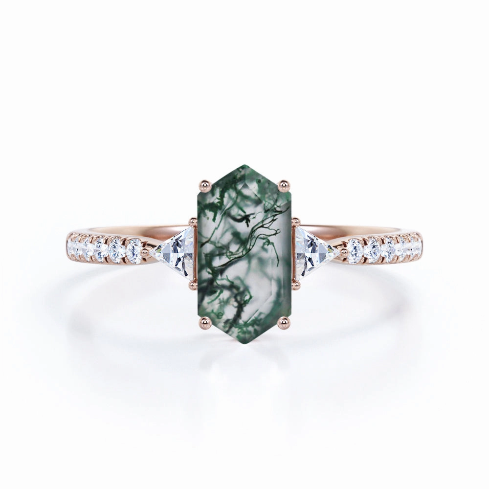 Daily Favorite Beach Wear Trilogy 1.15 Ct Hexagon Cut Moss Agate Engagement Ring