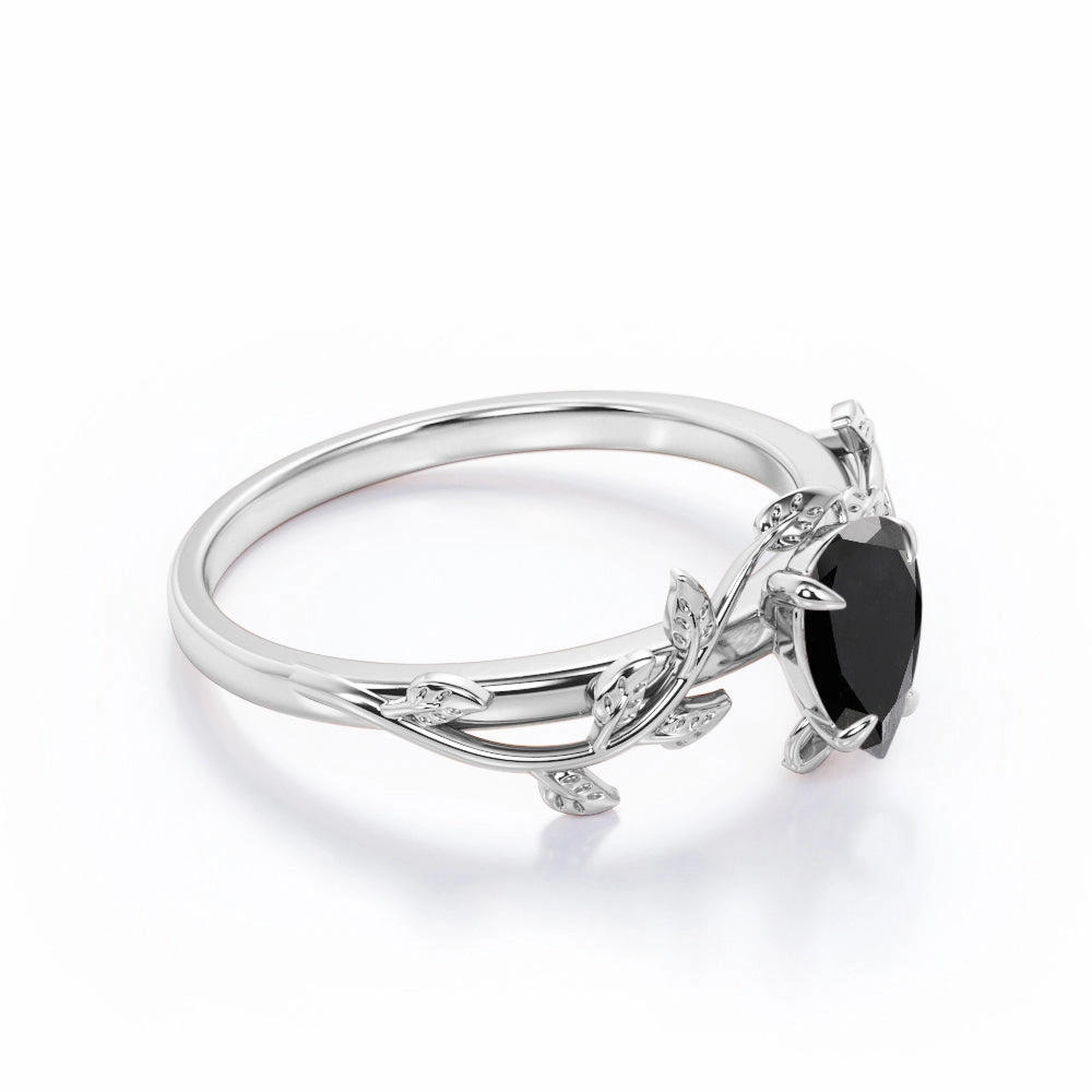1 ct Pear Lab Black Diamond Leaf Style Engagement Ring Adjustable size Handcrafted Craft