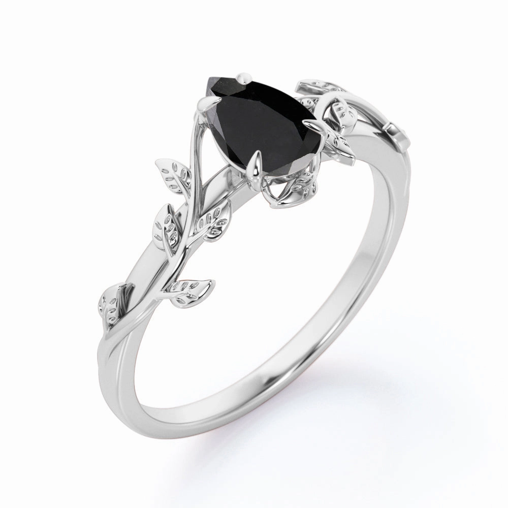 Low-Cost Ornament Daytime Gift 1 ct Pear Lab Black Diamond Leaf Style Engagement Ring