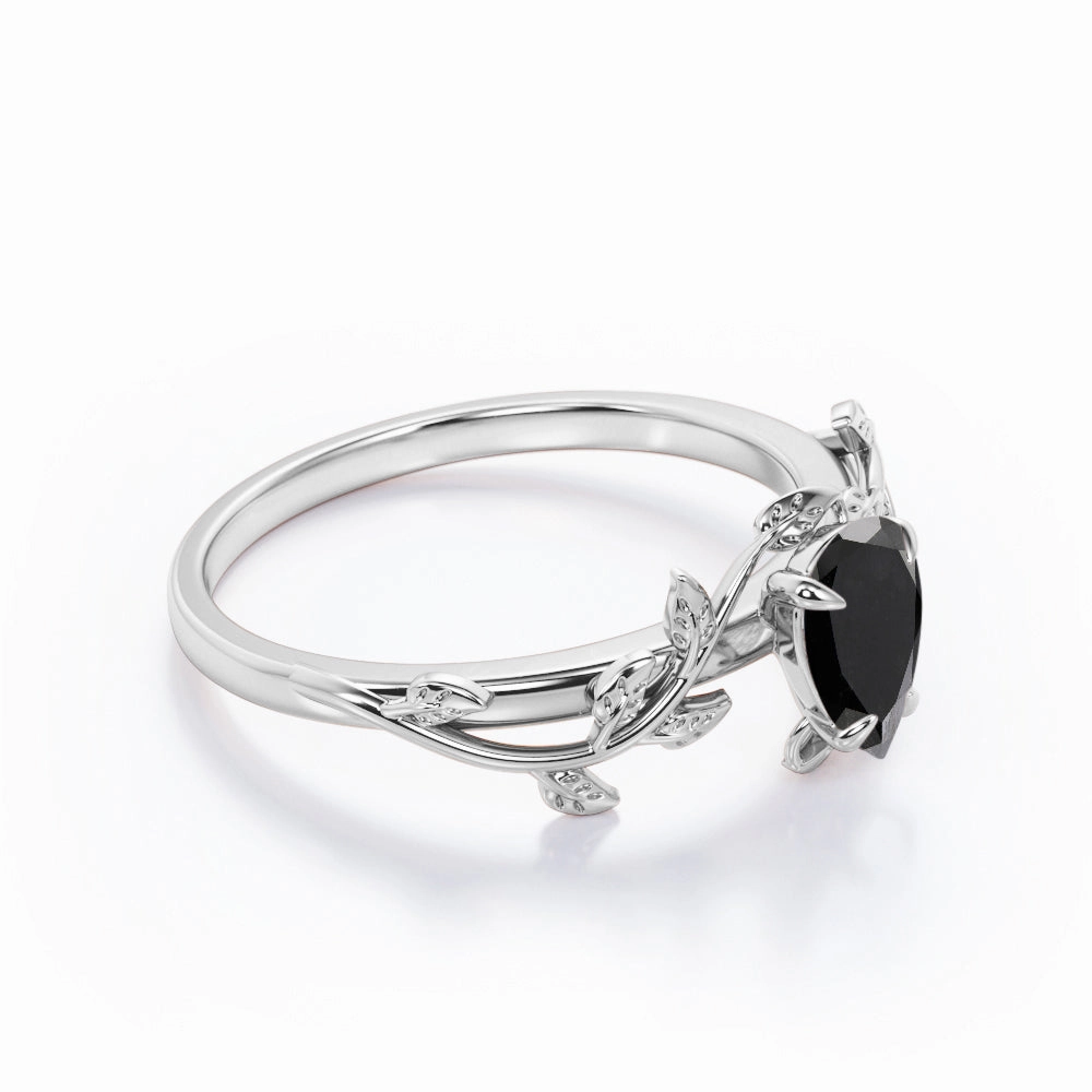 1 ct Pear Lab Black Diamond Leaf Style Engagement Ring Everyday Accent Artistic Mark