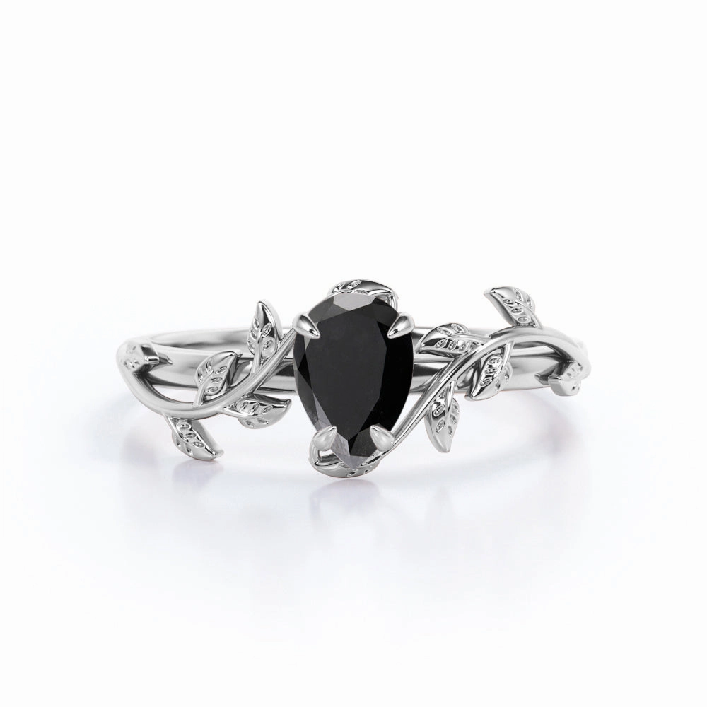 Timeless Object Artisan Finish 1 ct Pear Lab Black Diamond Leaf Style Engagement Ring