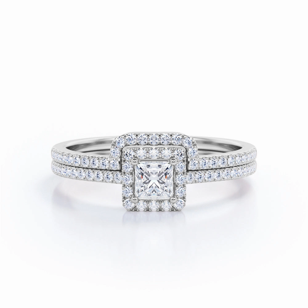 Shiny Craft Sturdy Statement Half Eternity Pave 0.95 Carat TDW Princess Cut Diamond Halo Wedding Ring Set In White Gold.