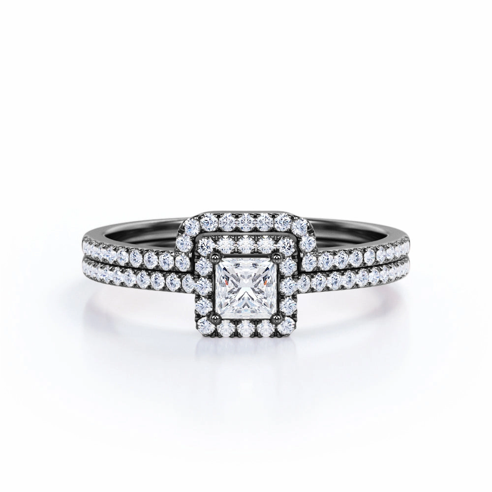 Branded Symbol Modern Design Half Eternity Pave 0.95 Carat TDW Princess Cut Diamond Halo Wedding Ring Set In White Gold.