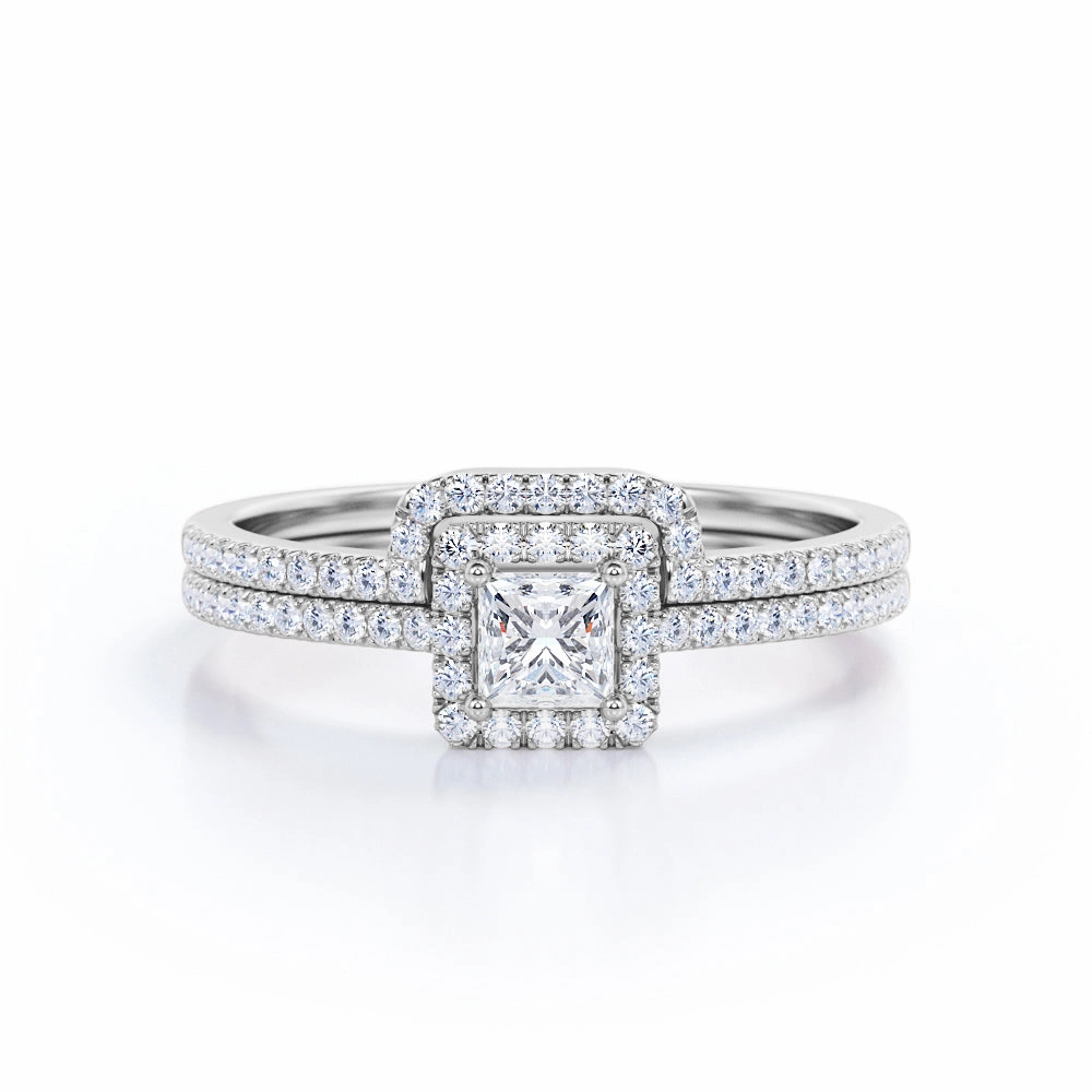 Meaningful Statement 21st Century Half Eternity Pave 0.95 Carat TDW Princess Cut Diamond Halo Wedding Ring Set In White Gold.
