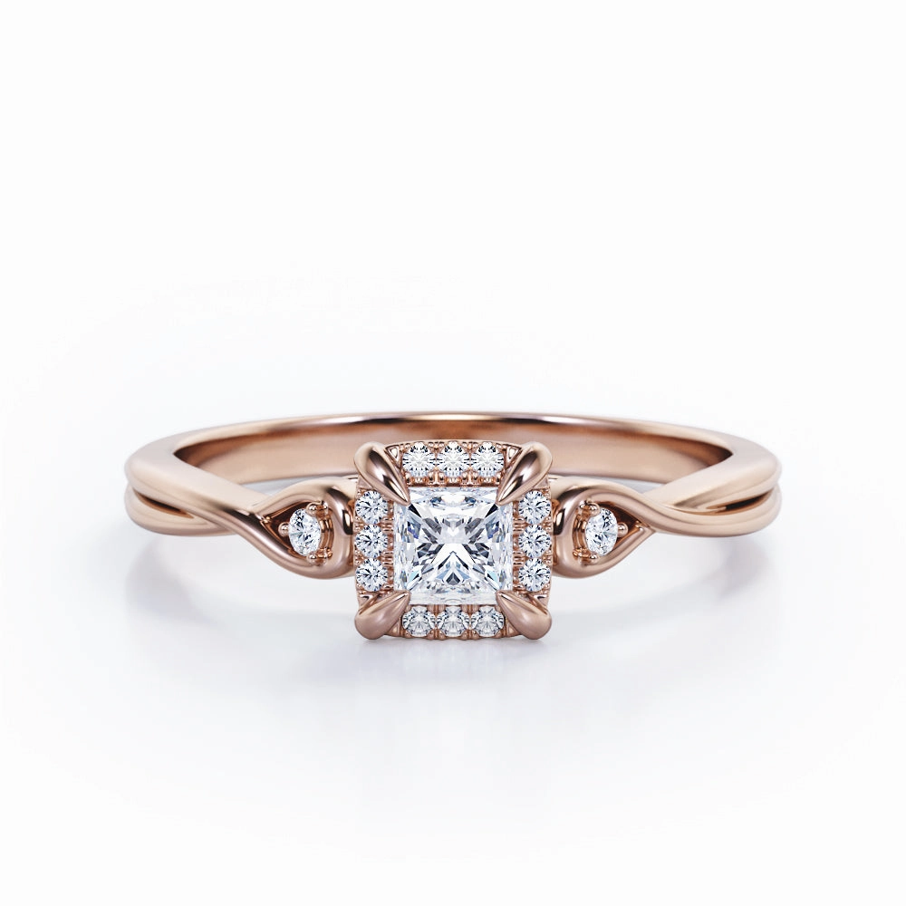 Creative Memento Brilliant Ornament Halo 0.50 Ct Princess Cut Diamond Engagement Ring