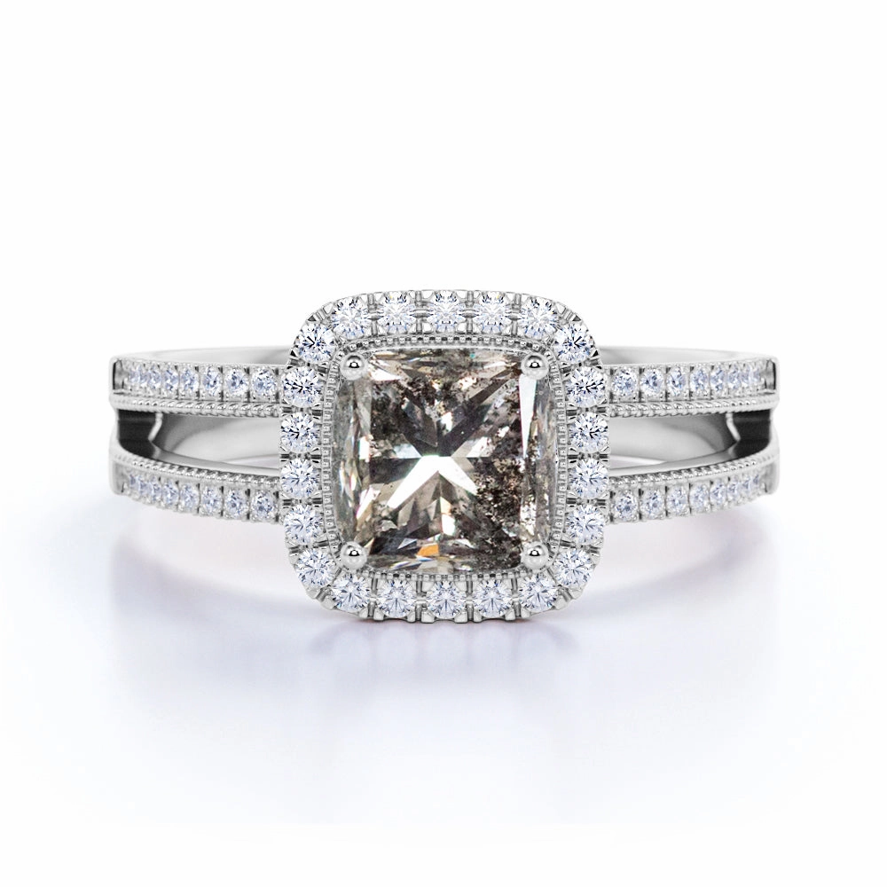 Vivid Present Spring Present Halo 1.25 Ct Princess Salt and Pepper Diamond Engagement Ring