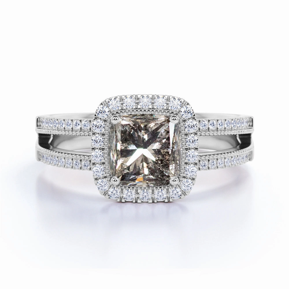 Premium Set Luxury Appeal Halo 1.25 Ct Princess Salt and Pepper Diamond Engagement Ring