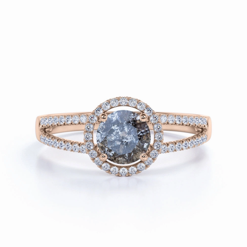 Exquisite Ornament Halo 1.25 Ct Round Salt and Pepper Diamond Engagement Ring