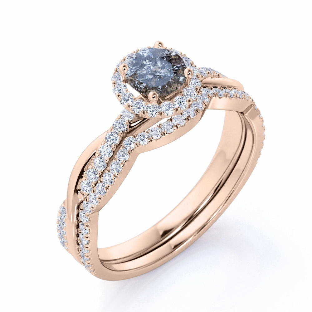 Formal Style Complete Set Halo 1.25 Ct Round Salt and Pepper Diamond Wedding Ring Set