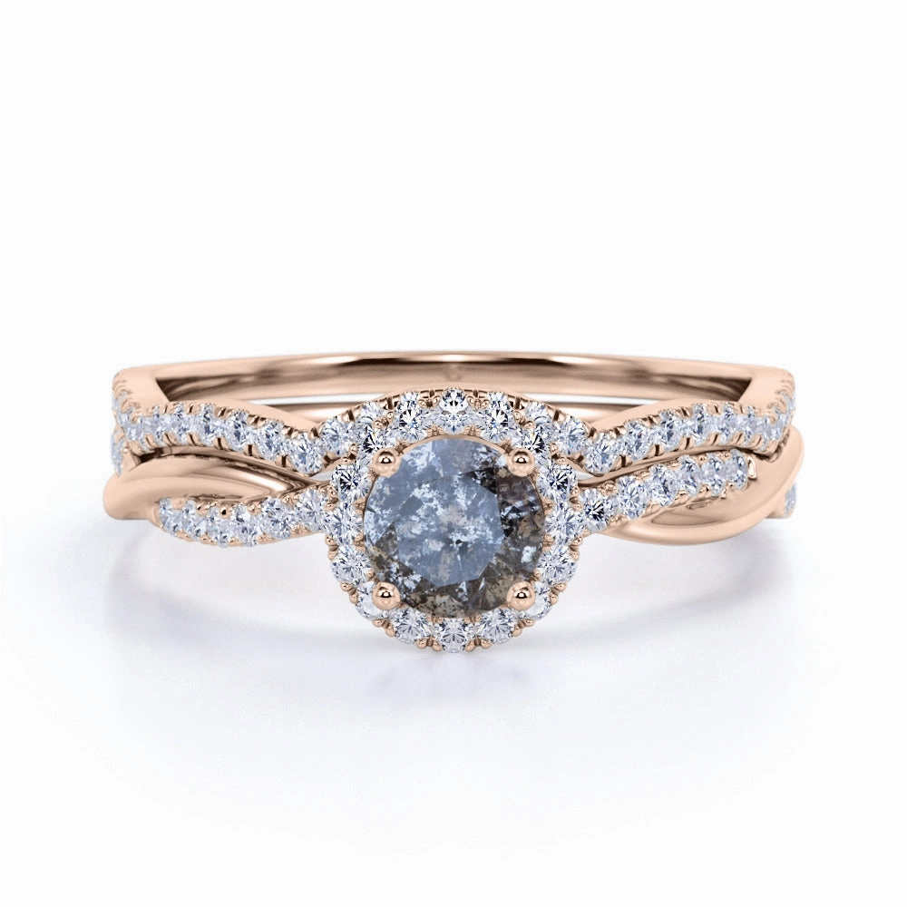Bold Craft Unique Gift Halo 1.25 Ct Round Salt and Pepper Diamond Wedding Ring Set