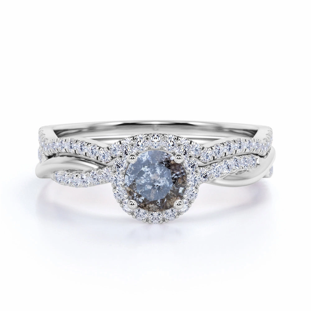 Customizable Appearance Halo 1.25 Ct Round Salt and Pepper Diamond Wedding Ring Set