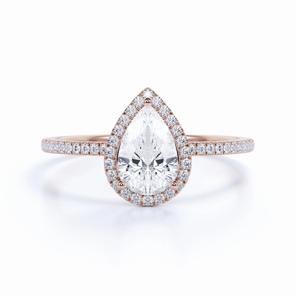 High-End Adornment Gentle Balance Halo 1.50 Carat Pear Cut Moissanite Engagement Ring Set