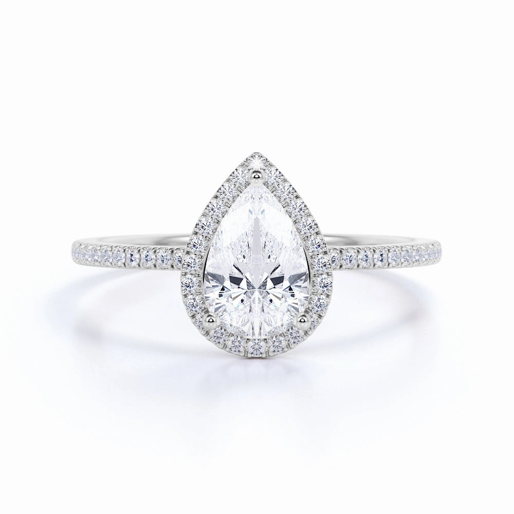 Halo 1.50 Carat Pear Cut Moissanite Engagement Ring Set Delicate Vibe Fine Ornament
