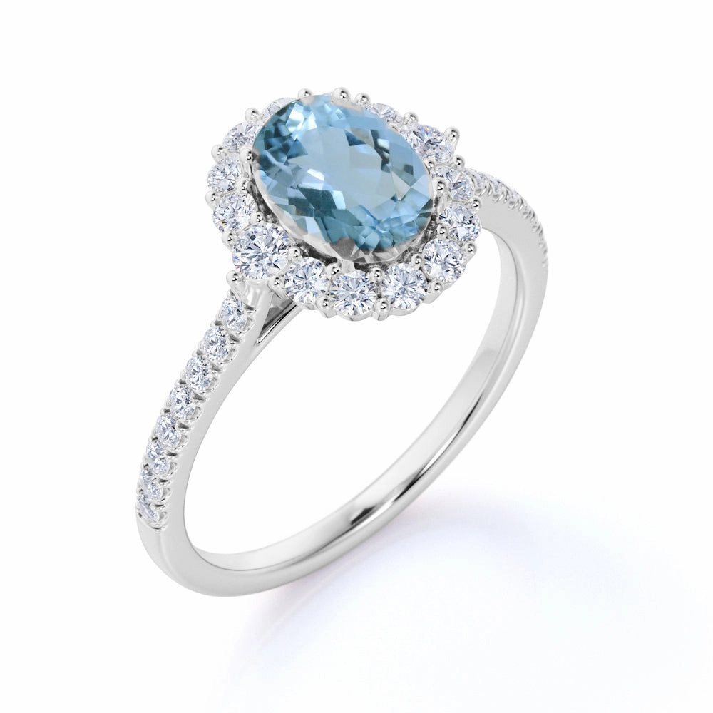 High-Quality Style Straight Edge Halo 1.50 ct Oval Aquamarine Pave Engagement Ring