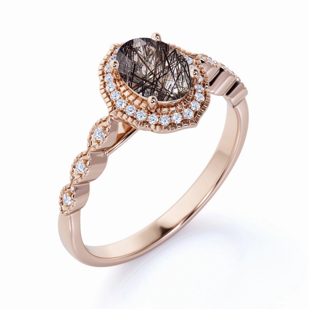 Stylish Embellishment Halo 1.50 ct Oval Black Rutilated Quartz Art Deco Engagement Ring