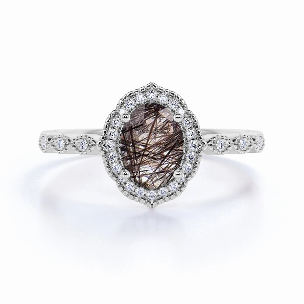 Hypoallergenic Embellishment Halo 1.50 ct Oval Black Rutilated Quartz Art Deco Engagement Ring