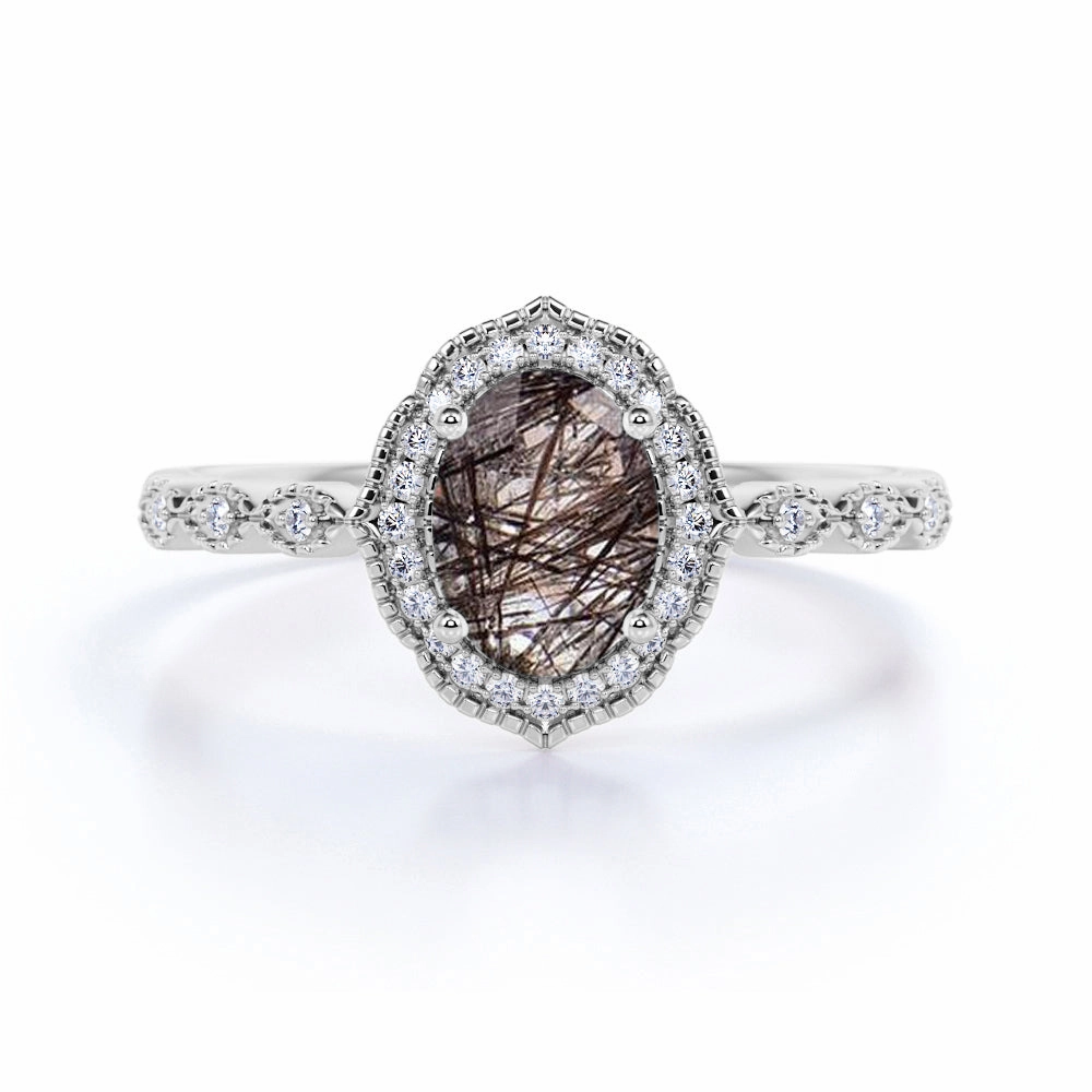 Premium Work Halo 1.50 ct Oval Black Rutilated Quartz Art Deco Engagement Ring