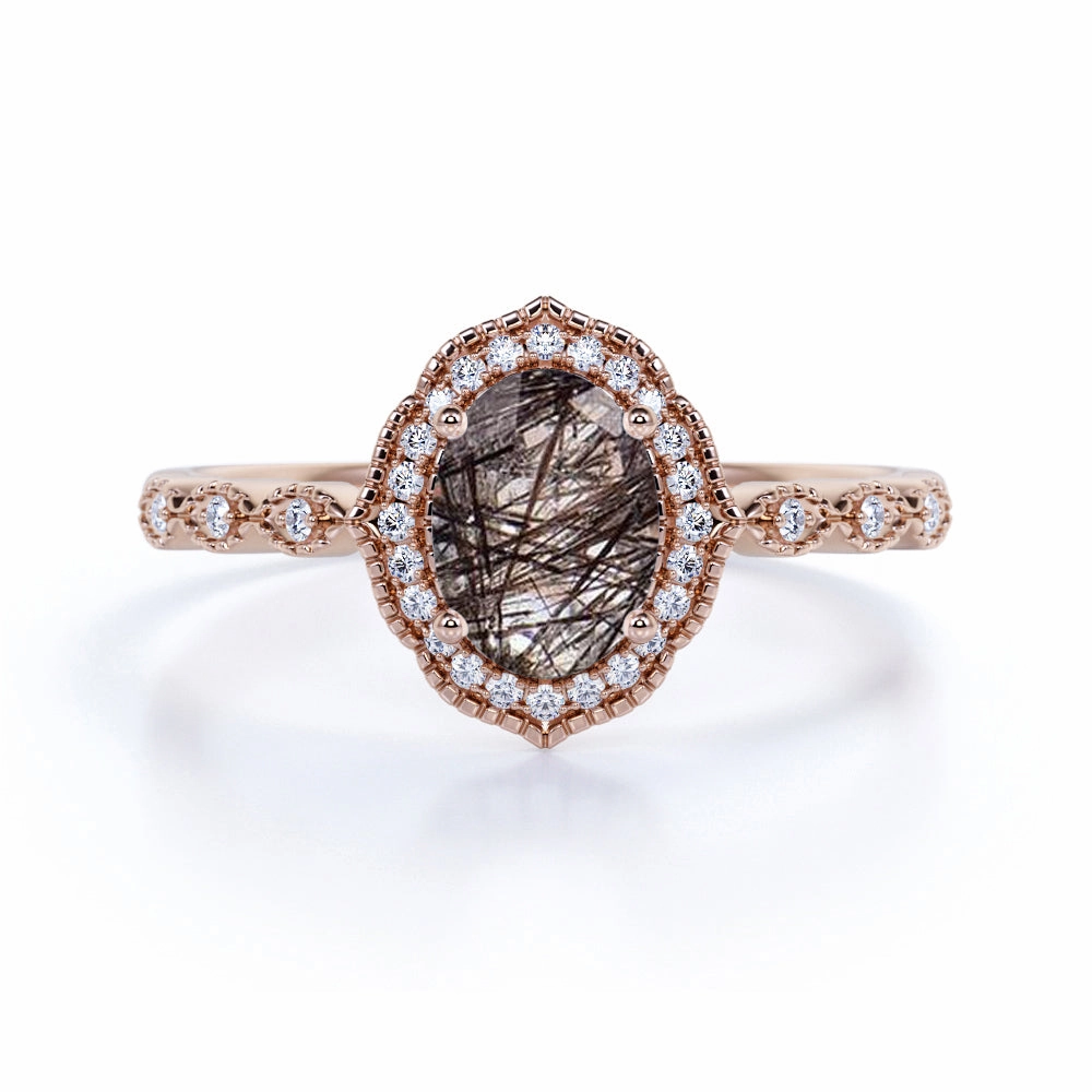 Halo 1.50 ct Oval Black Rutilated Quartz Art Deco Engagement Ring Low Profile