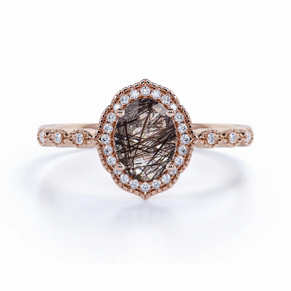 Comfortable Art Halo 1.50 ct Oval Black Rutilated Quartz Art Deco Engagement Ring