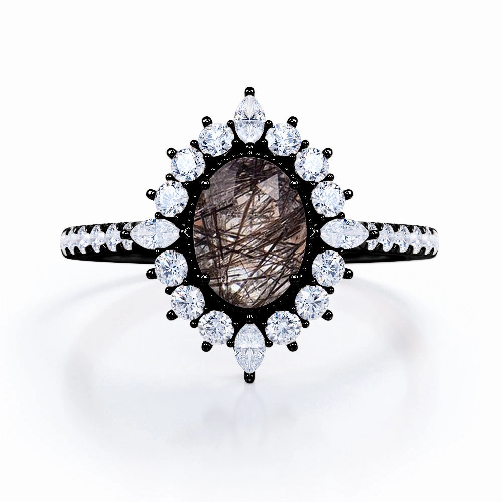 Halo 1.50 ct Oval Black Rutilated Quartz Pave Engagement Ring Easy Appearance