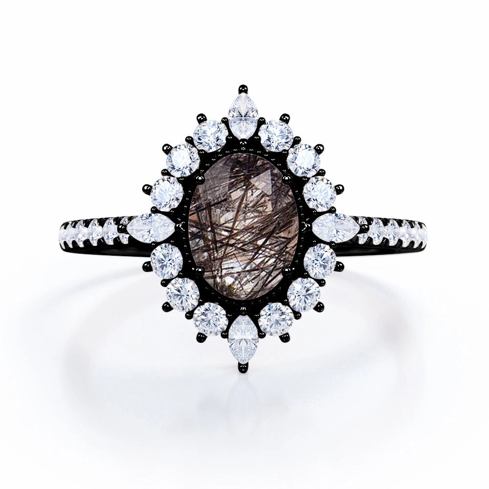 Eternal Jewelry Contemporary Insignia Halo 1.50 ct Oval Black Rutilated Quartz Pave Engagement Ring