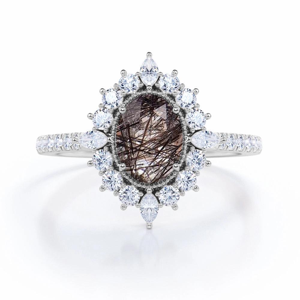 Halo 1.50 ct Oval Black Rutilated Quartz Pave Engagement Ring Easy Off Experimental Design