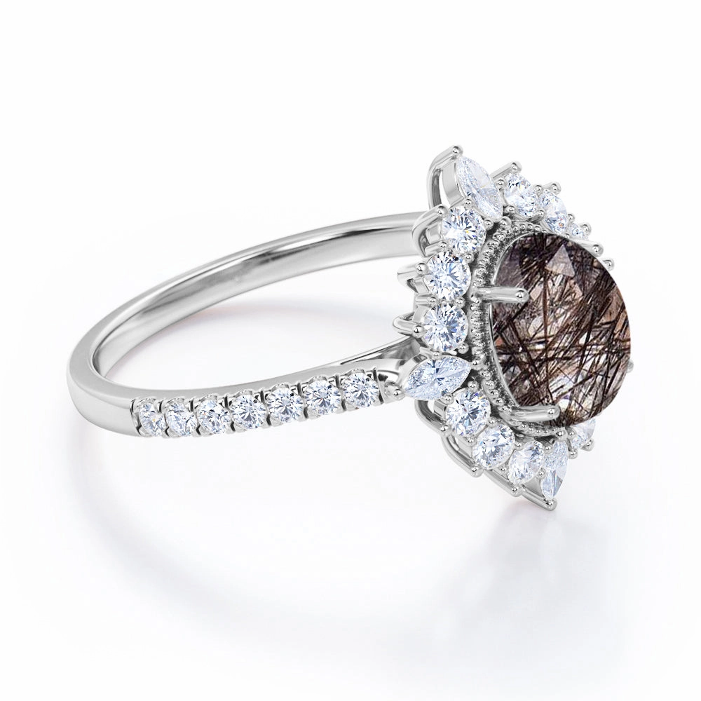 Halo 1.50 ct Oval Black Rutilated Quartz Pave Engagement Ring Season Ready Vintage Article