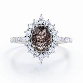 Beloved Gift Pure Balance Halo 1.50 ct Oval Black Rutilated Quartz Pave Engagement Ring