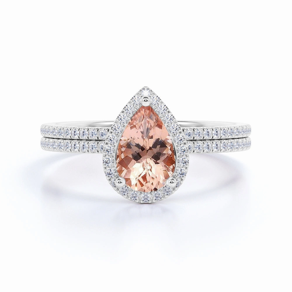 Tangible Goods Effortless Look Halo 1.50 ct Pear Real Morganite Pave Bridal Set