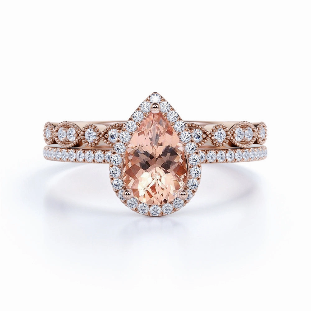 Holiday Style refined design Halo 1.50 ct Pear Real Morganite Vintage Bridal Set