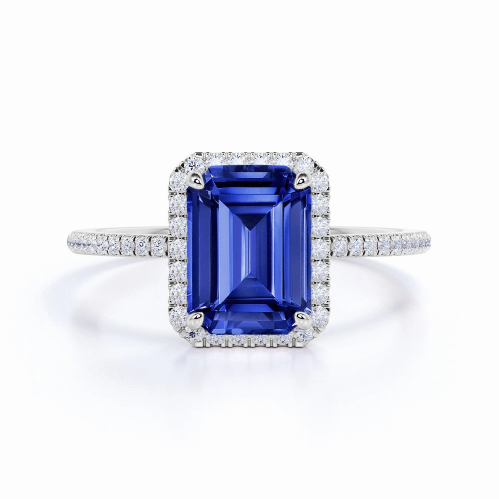 Minimal Outfit Artisan Symbol Halo 1.5 Ct Emerald Cut Lab Sapphire Engagement Ring