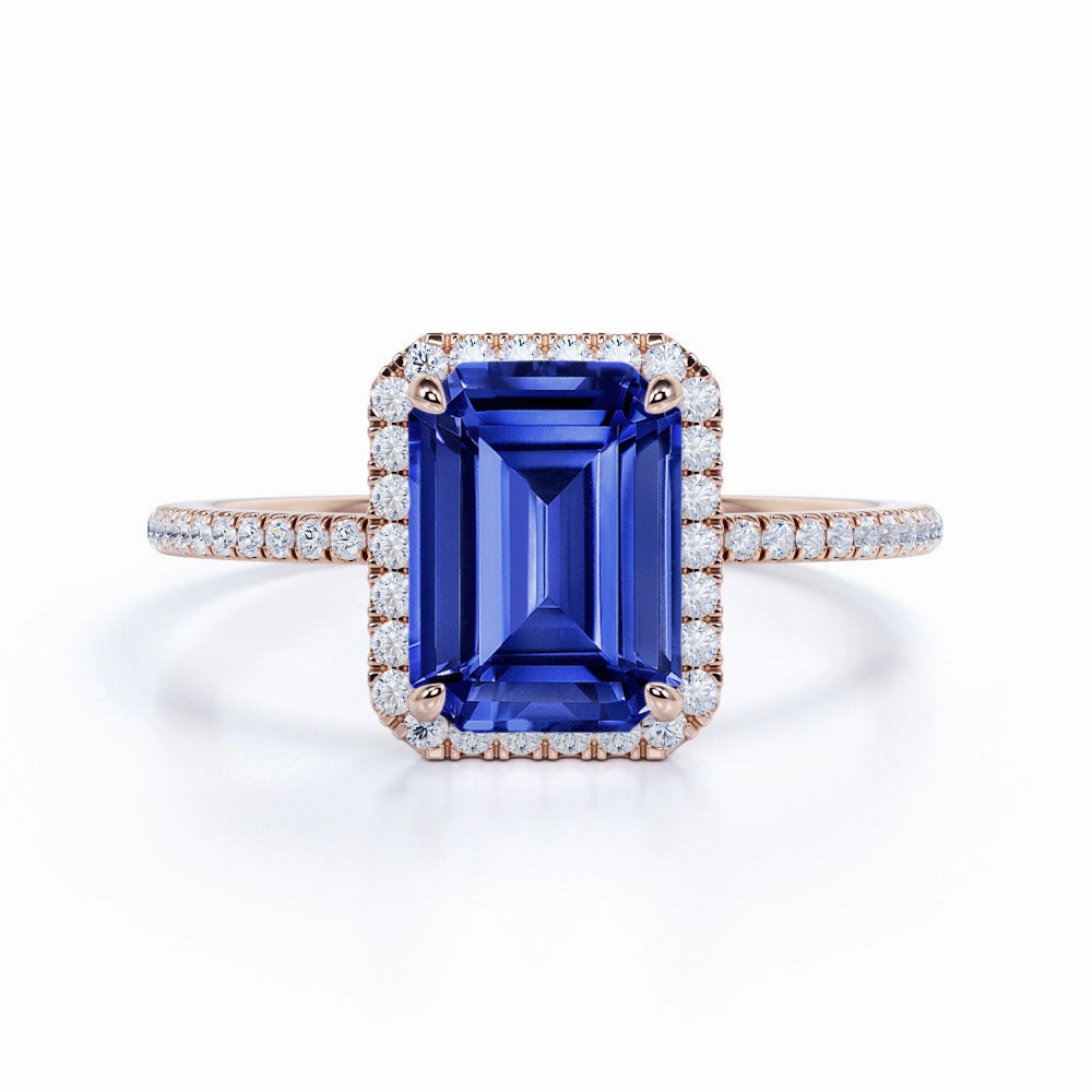 Special Accent Halo 1.5 Ct Emerald Cut Lab Sapphire Engagement Ring