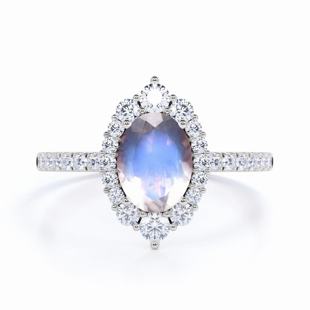 Bridal Shower Budget Work Halo 1.5 ct Oval Dark Blue Moonstone Engagement Ring