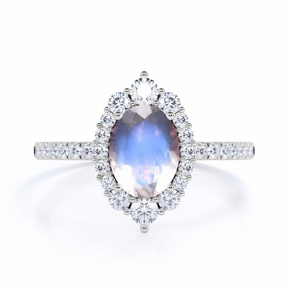 Halo 1.5 ct Oval Dark Blue Moonstone Engagement Ring Fun Accent