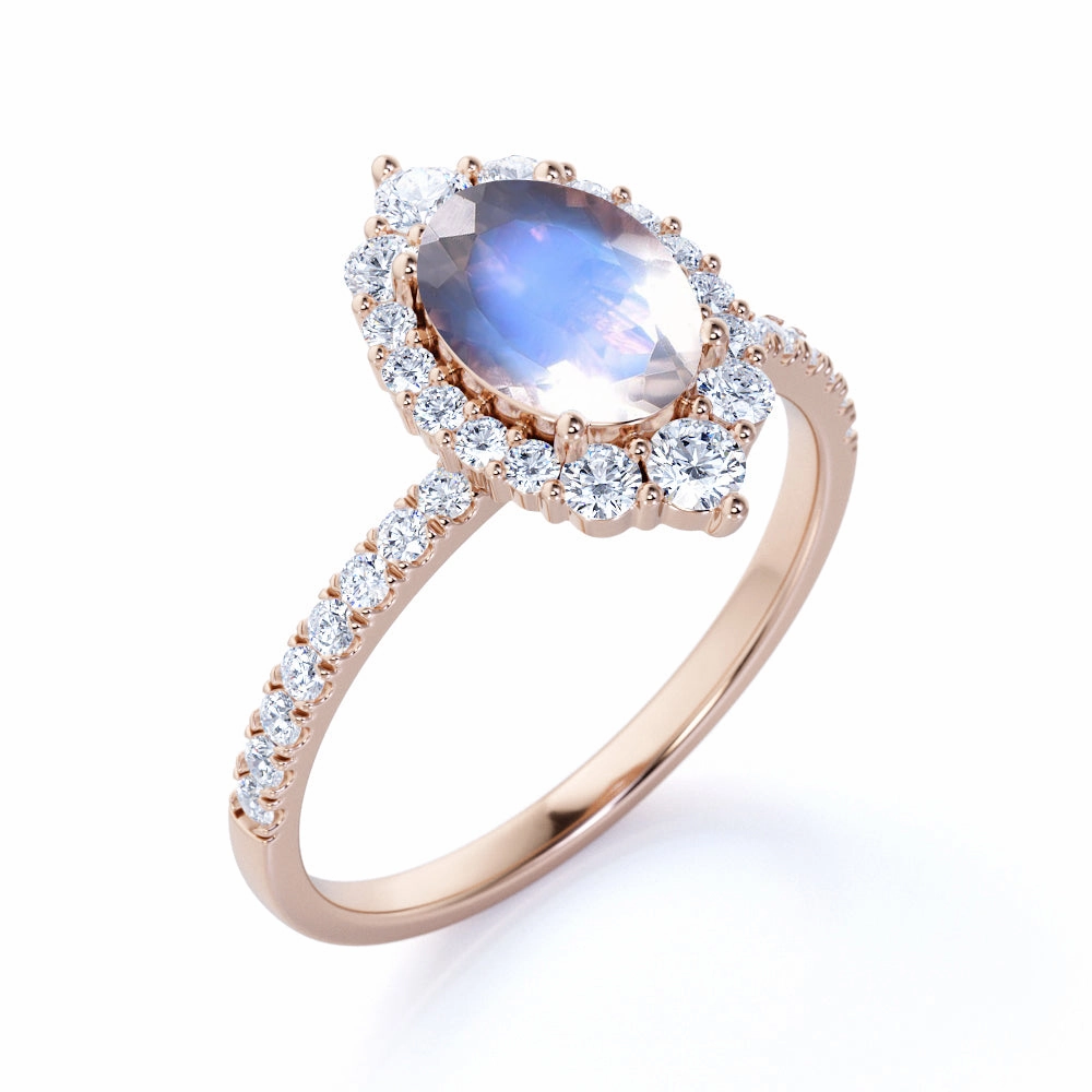 Halo 1.5 ct Oval Dark Blue Moonstone Engagement Ring Lightweight Gift Glamorous Embellishment