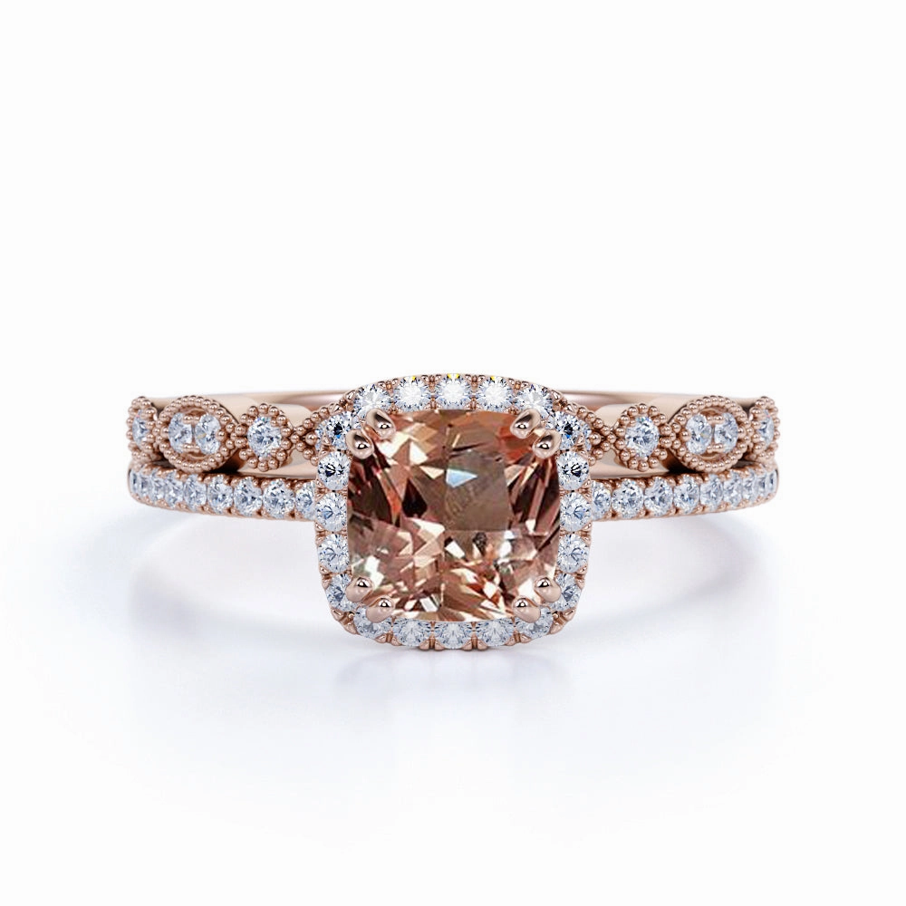 Graceful Texture Gift Ready Halo 1.75 ct Cushion Morganite Art Deco Wedding Ring Set