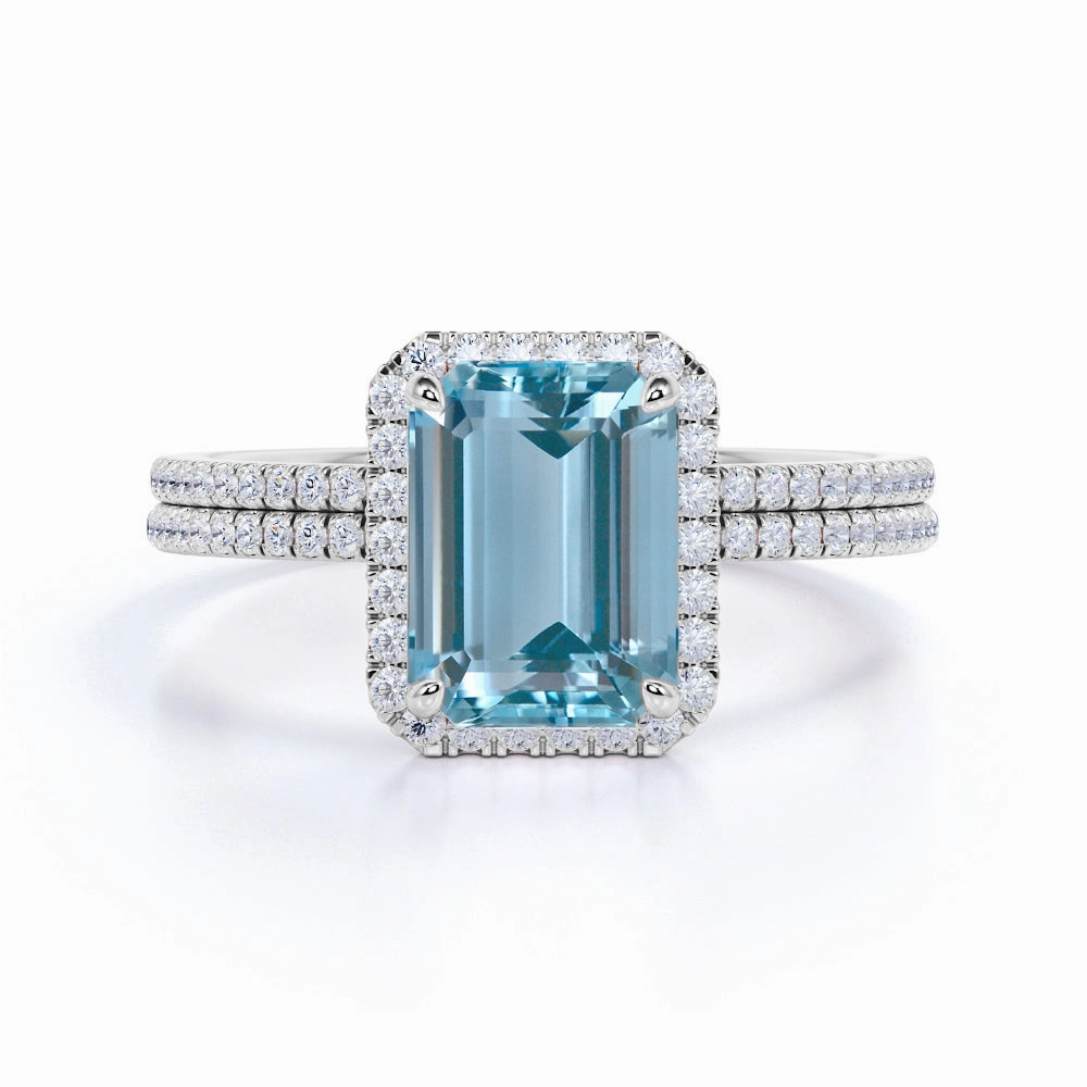 Simple Item Halo 1.75 ct Emerald Cut Aquamarine Pave Bridal Ring Set