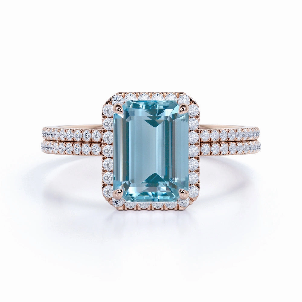 Premium Work Halo 1.75 ct Emerald Cut Aquamarine Pave Bridal Ring Set