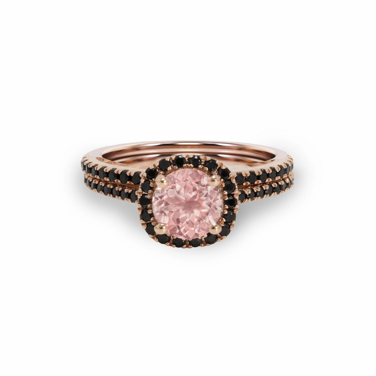 Halo 1.75 ct Round Peach Pink Morganite Wedding Ring Set Ornate Emblem