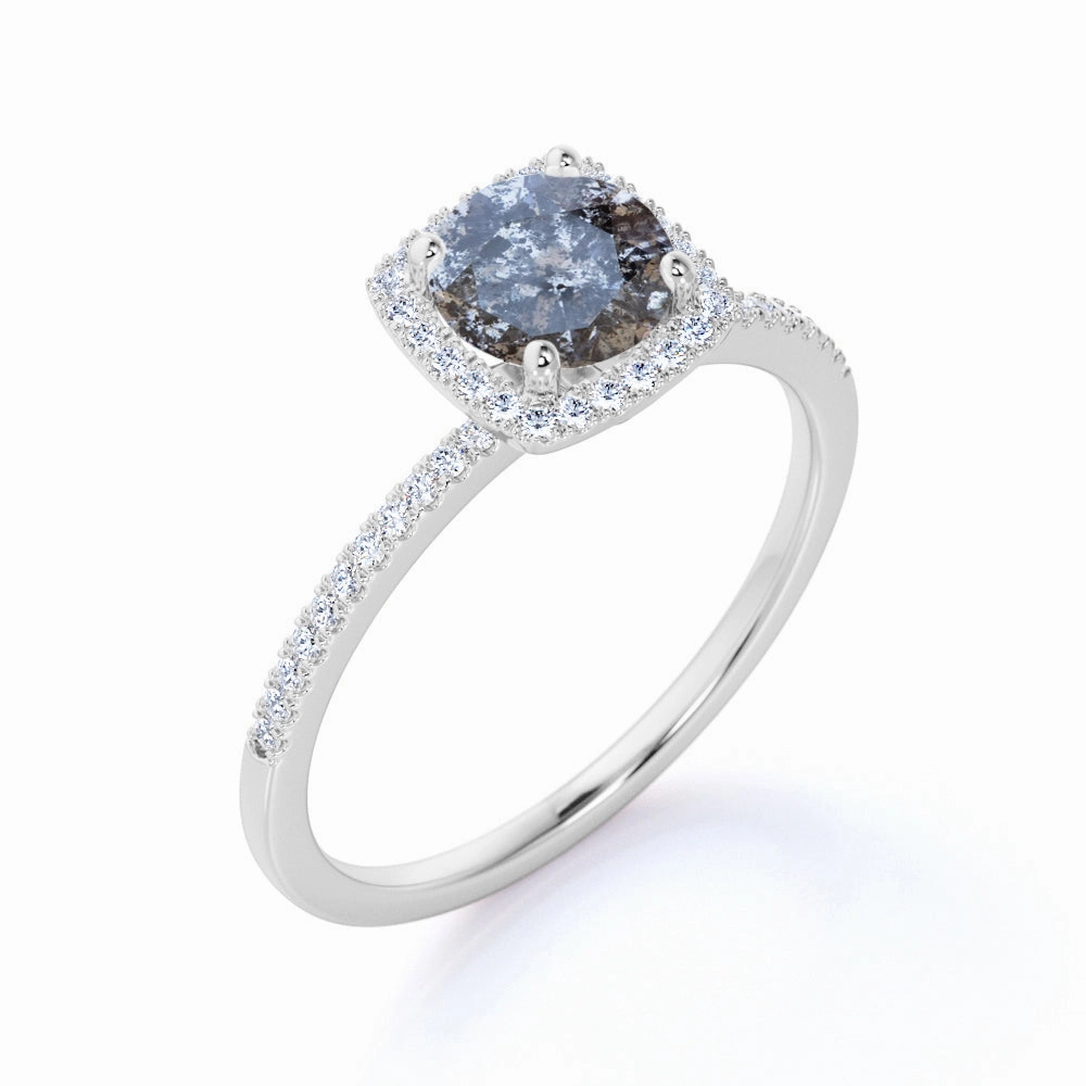Minimalist Symbol Halo 1 Ct Round Salt and Pepper Diamond Engagement Ring