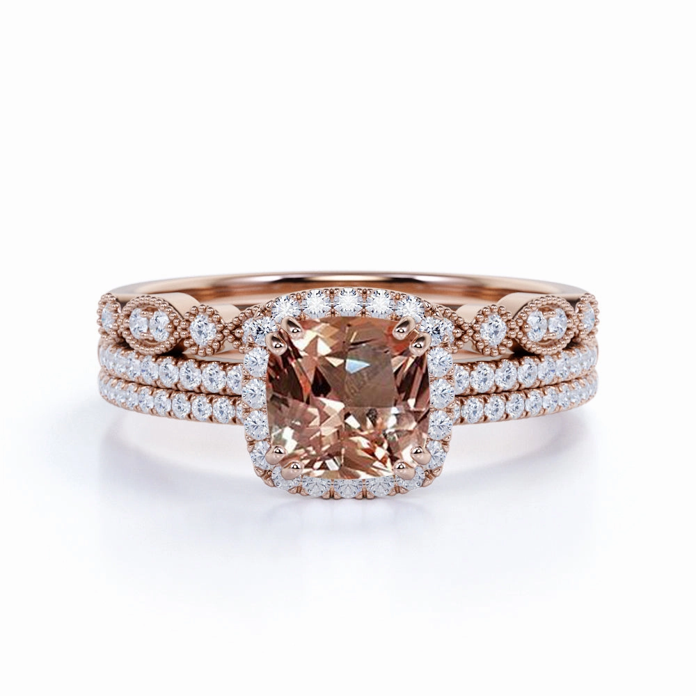 Metallic Sheen Halo 2 ct Cushion Morganite Vintage Trio Wedding Ring Set