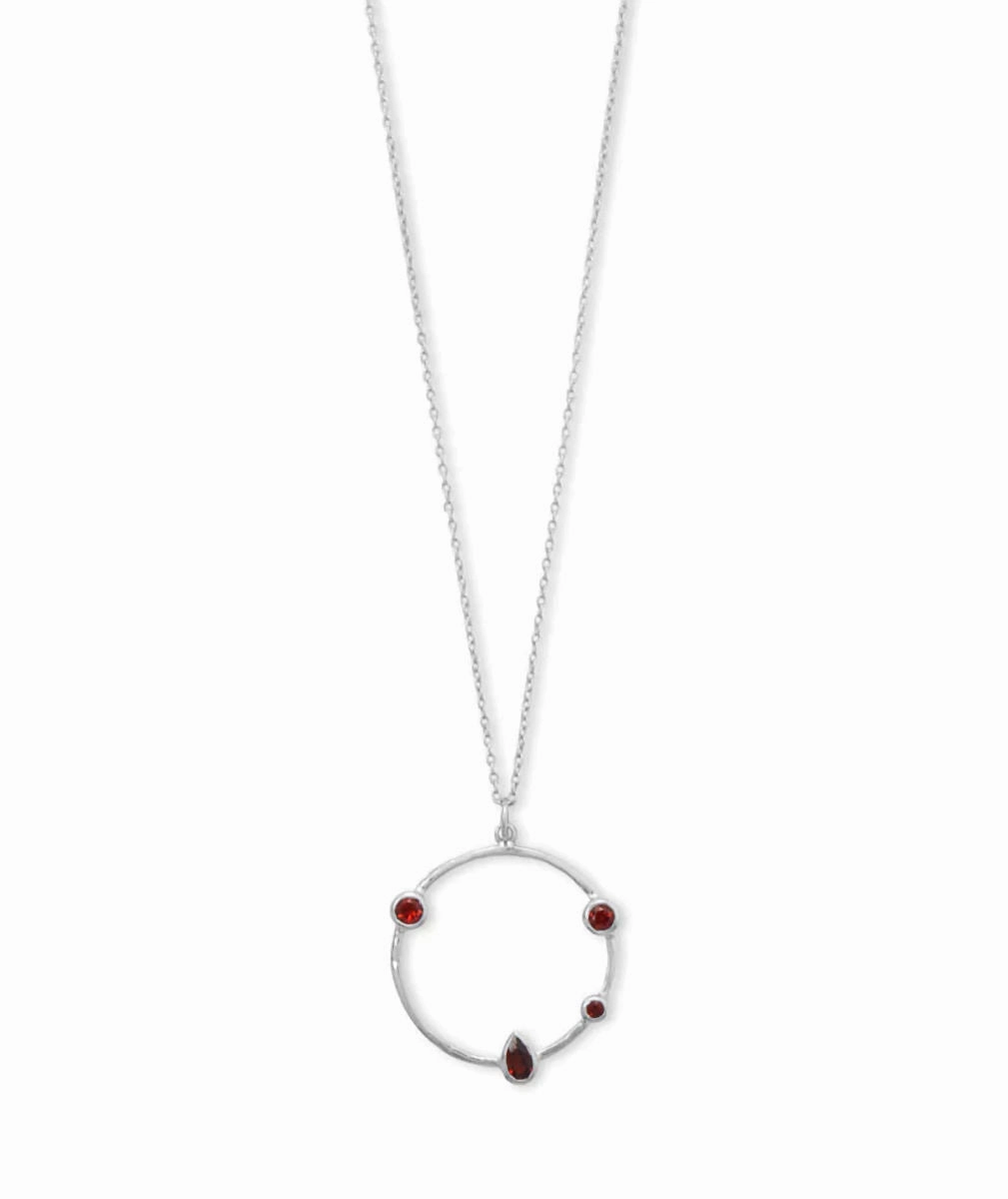 Hammered Circle Necklace with Genuine Garnet Accents Rhodium on Sterling Silver Adjustable Travel Look Marvelous Item