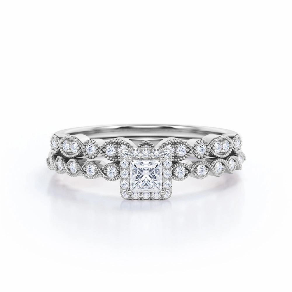 0.65 Carat Princess Cut Diamond Vintage Wedding Set In White Gold color block Wearable Art