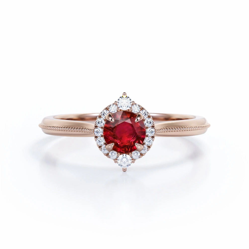 Milgrain 1.10 ct Round Lab-Created Ruby Halo Engagement Ring Urban Style