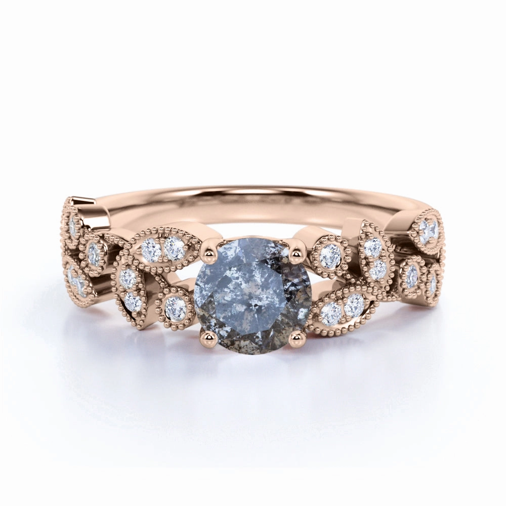 Beautiful Statement Art Deco 0.75 Ct Round Salt and Pepper Diamond Engagement Ring