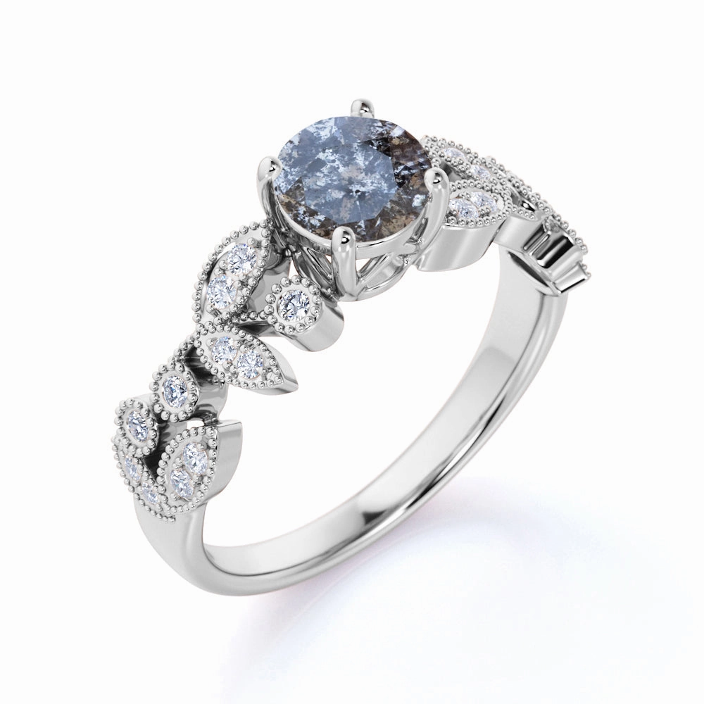 Premium Embellishment Cool Finish Art Deco 0.75 Ct Round Salt and Pepper Diamond Engagement Ring