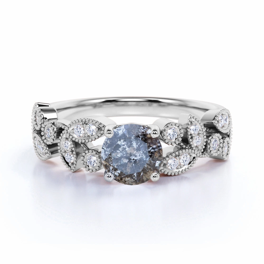 Art Deco 0.75 Ct Round Salt and Pepper Diamond Engagement Ring Artisan Symbol Fine Look